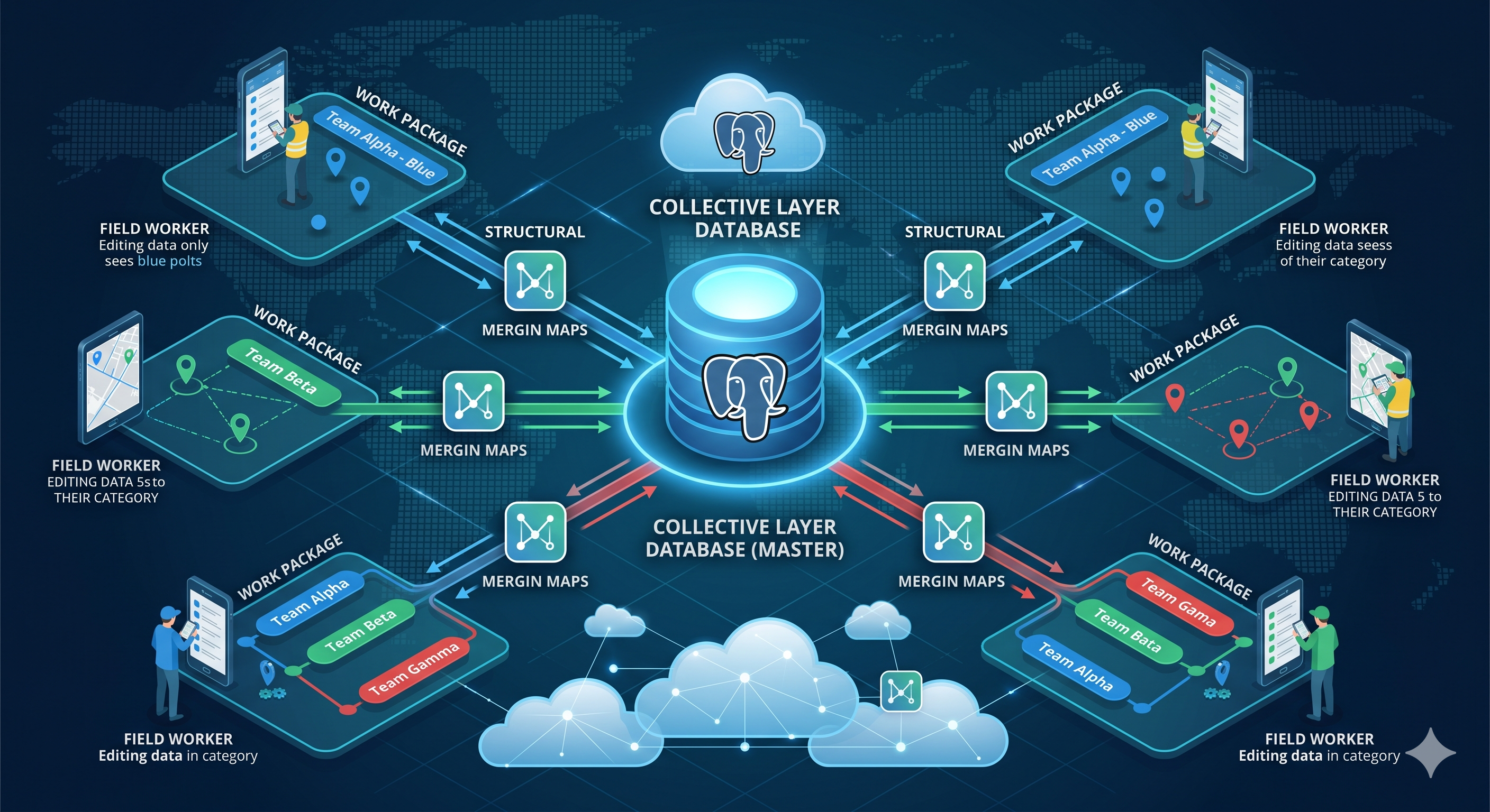 Figure 1: Enterprise architecture with Work Package sync and PostGIS collective layer
